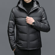 Men's Casual Solid Color White Duck Down Warm Hooder Leather Coat